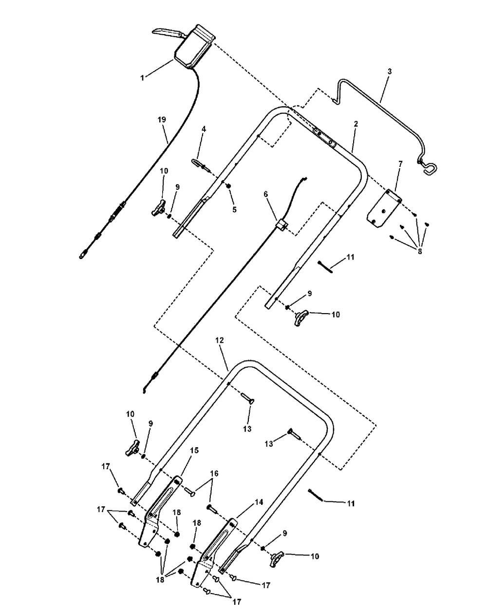 Handle Assembly Group Diagram and Parts List for 7800671-BBRR219BS 2010 Briggs and Stratton Lawn Mower